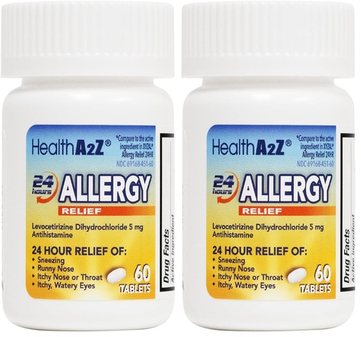 [BRSREAAFOIPAY2DA] HealthA2Z® Allergy Relief | Levocetirizine Dihydrochloride 5mg | 24 Hours | Antihistamine | Relief from Sneezing, Runny Nose, Itchy Nose and Eyes (60 Counts) (Pack of 2)