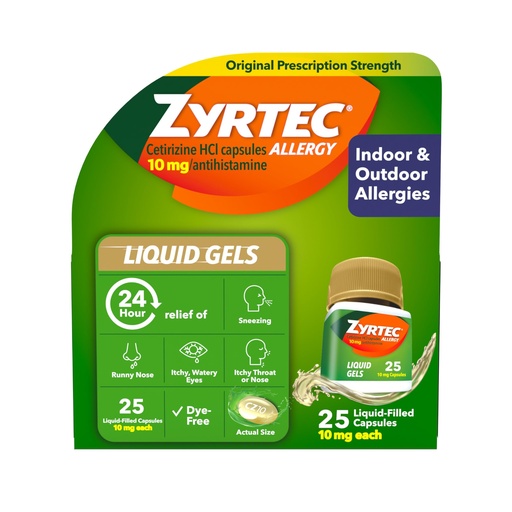 [BRSWKYQ7A4JQMC3K] Zyrtec 24 Hour Allergy Relief Liquid Gels, Antihistamine Capsules with Cetirizine HCl Allergy Medicine for All-Day Relief from Runny Nose, Sneezing, Itchy Eyes & More, 25 Count