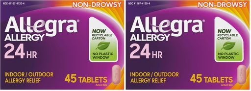 [BRSRGGQNBYJR4CY7] Allegra Adult 24-Hour Allergy Relief Tablets, Non-Drowsy Indoor and Outdoor Allergy Medicine, 180 mg Fexofenadine HCI Antihistamine Pill, 45-Count,(Pack of 2)