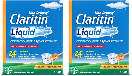 [BRSRGGQNAUBAI2DZ] Claritin® Liquid, Allergy Medicine for Adults, 24-Hour Non-Drowsy Loratadine 5mg, Antihistamine, Cooling Honey Flavored, 8 fl. oz (Pack of 2)