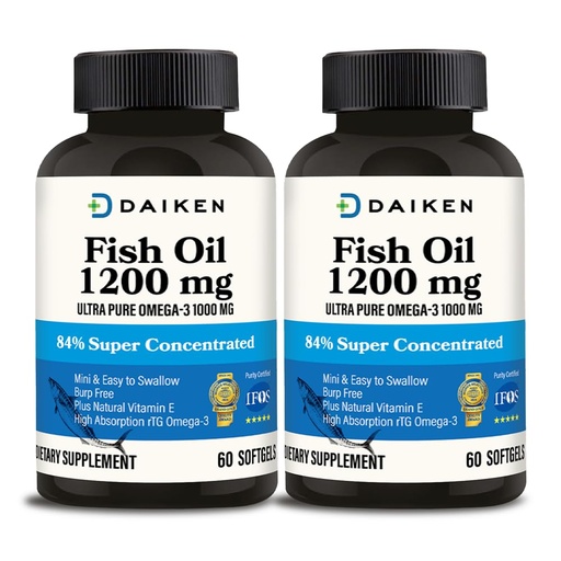 [BRSRABQ5PMOWGAI4] DAIKEN Mini Fish Oil 1200 mg, rTG Omega 3 1000mg, 60 Softgels, High Absorption & Burpless Fish Oil for Healthy Heart, Brain and Dry Eyes Support (Pack of 2)
