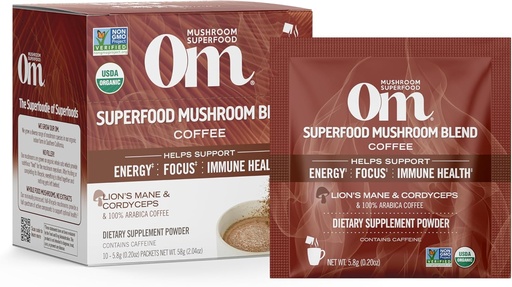 [BRSWYAQNA55QIYDD] OM MUSHROOM SUPERFOOD Coffee Blend – Organic Arabica with Lion’s Mane, Cordyceps, Reishi, Turkey Tail & Ginkgo Biloba – Supports Energy, Focus & Mental Clarity – Single Serve Pack (10 Count)
