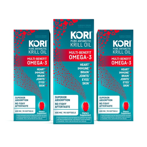 [BRSW2EI6OUCBQDTX] Kori Krill Oil Omega 3 Supplement, Antarctic Krill Oil with Superior Absorption vs Fish Oil Alternative, 400 mg Softgels, EPA & DHA, 90 Softgels (Pack of 3)