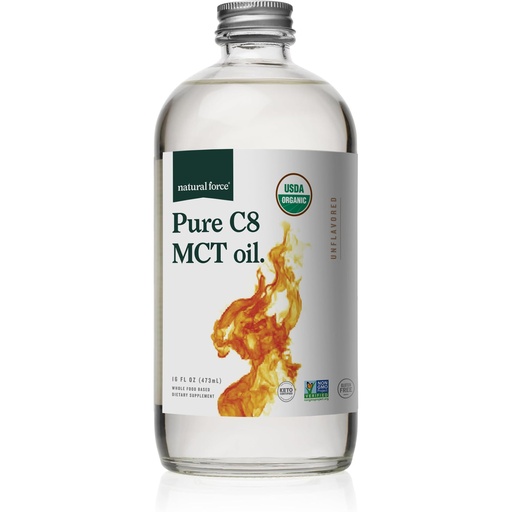 [BRSRGZQ2AVYGOH3J] Natural Force Organic Pure C8 MCT Oil – Liquid MCT Oil in Glass Bottle Container – Concentrated Caprylic Acid – Keto, Paleo, Kosher, Vegan & Non-GMO – Lab Tested for Quality and Purity, 16 Ounce