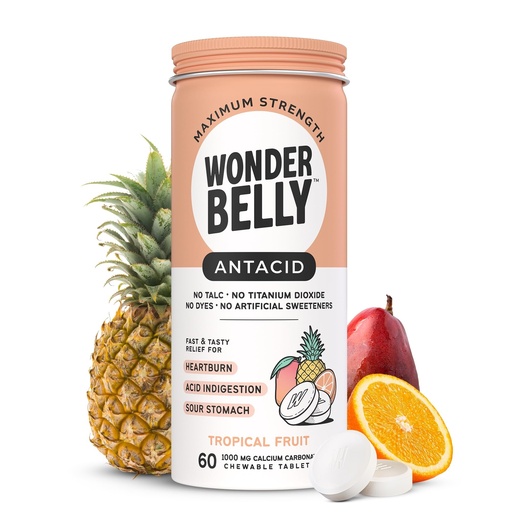 [BRSROAIPAEFQ2CTO] Wonderbelly Antacid, Effective Heartburn and Instant Acid Indigestion Relief, Extra Strength Chewable Tablets, 1000 mg Calcium Carbonate, No Talc or Dye, Tropical Fruit, 60 Count