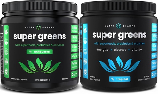 [BRSRAZQRBEBRQE3P] NutraChamps Super Greens Unflavored & Super Greens Tropical Bundle - 2 Month Supply