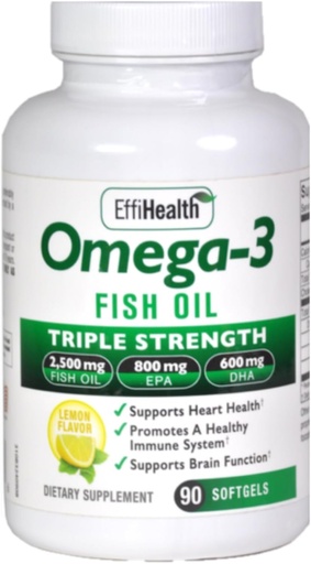 [BRSWGZILPICQKC3A] EffiHealth Omega-3 Fish Oil - Triple Strength 2500mg Fish Oil, 1200mg EPA, 600mg DHA - Apoya Hearth Health, Brain health and Immune Support – Lemon Flavor, Burpless Fish Oil