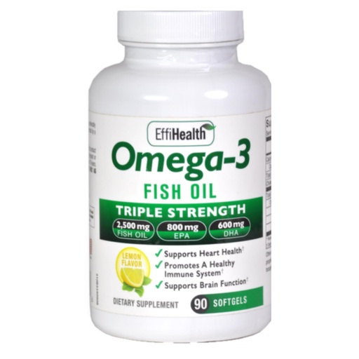[BRSWGZILPICQKC3A] EffiHealth Omega-3 Fish Oil - Triple Strength 2500mg Fish Oil, 1200mg EPA, 600mg DHA - Supports Hearth Health, Brain health and Immune Support – Lemon Flavor, Burpless Fish Oil