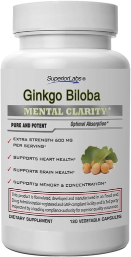 [BRSWYGIPBUHQOCQ2] SuperiorLabs Ginkgo Biloba 1200 mg, Non-GMO, Black Pepper for Increased Absorption, Ginkgo Extract, Improves Memory & Focus, Circulation Booster, Natural Antioxidant Nootropic, 120 Veg Caps