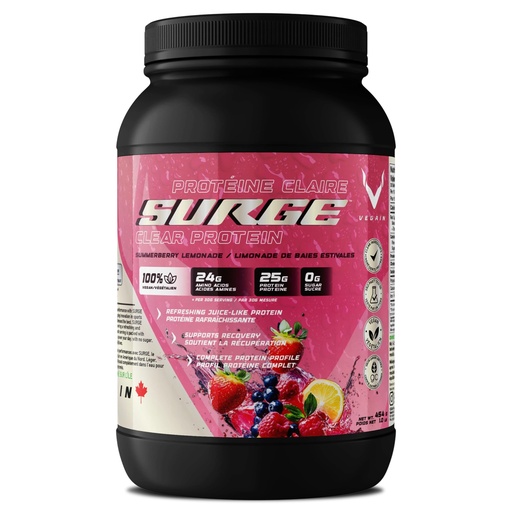 [BRSREH35B4BAMDL5] PRO-SURGE Clear Protein Powder Summerberry Lemonade Flavor 454g - 30 Scoops, 25g Plant-Based Protein Isolate - Sugar-Free, Dairy-Free, Soy-Free, Gluten-Free, Clear & Refreshing Juice-Like Drink