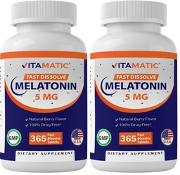 Vitamatic Melatonin 5 mg Tablets | Vegetarian, Non-GMO, Gluten Free | 1 Year Supply | Natural Berry Flavor - 365 Tablets (Pack of 2)