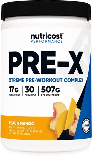 [BRSWGGQDBMHRQG3F] Nutricost Pre-X Xtreme Pre-Workout Complex Powder, Peach Mango, 30 Servings, Vegetarian, Non-GMO and Gluten Free