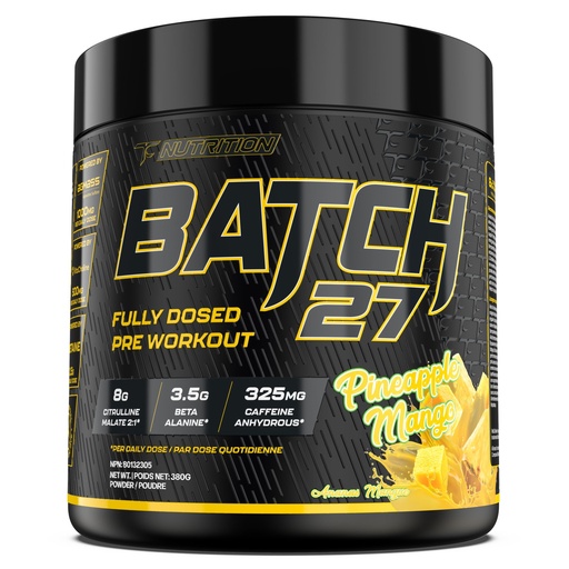 [BRSRAFABAFYQMHIU] TC Nutrition Batch 27 Pre Workout Powder - 8g Citrulline, 3.5g Beta Alanine, 2.5g Betaine, 325mg Caffeine | Instant Energy, Focus, Pumps, & Strength | Nitric Oxide Booster 20 sv (Pineapple Mango)