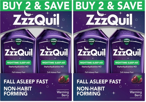 [BRSRAY35DMIB6CTP] ZzzQuil, Sleep Aid, Nighttime Sleep Aid Liquid, 50 mg Diphenhydramine HCl, Fall Asleep Fast, Non-Habit Forming, Warming Berry Flavor, 12 FL OZ (Pack of 4)