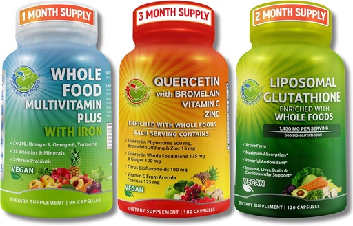 [BRSRMFALOIGWEE3B] Immune " whole Body Wellness Bundle - Quercetin with Bromelain + whole Food Multivitamin with Iron + Liposomal Glutathione 500mg — Antioxidant, Respiratory ' Immune Support – Vegan, Non-GMO