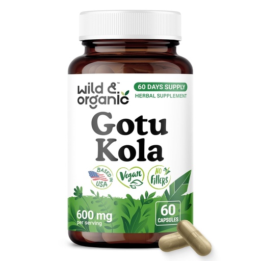 [BRSRAHA3BAIBYEL4] Wild & Organic Gotu Kola Capsules 600 mg - Brain Support - Gotu Kola Powder Supplement - Centella Asiatica Extract - 60 Days of Supply - Vegan, No Fillers, Non-GMO - 60 Count
