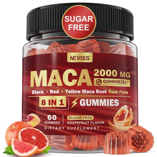 [BRSROZL2BEFGYHL5] Maca Root Filled Gummies 2000mg for Women Men | Sugar Free | Organic Black, Red, Yellow Maca Root Supplement Gummy Chews with Ashwagandha Ginseng & Zinc | Vegan, Non-GMO, Grapefruit Flavor, 60 Count