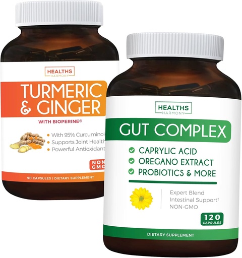 [BRSROZAFCAFAIDTH] Save $11 (23% Off) - Gut Balance Bundle - Gut Complex with Caprylic Acid for Balanced Gut Health & Probiotic Support (120 Capsules) & Turmeric & Ginger with 95% Curcuminoids & Bioperine (90 Capsules)