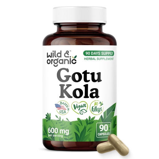 [BRSRAHA3BNYQM33L] Wild & Organic Gotu Kola Capsules 600 mg - Brain Support - Gotu Kola Powder Supplement - Gotu Kola Extract - 90 Days of Supply - Vegan, No Fillers, Non-GMO - 90 Count
