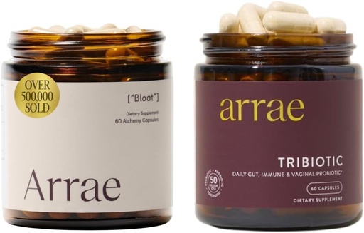 [BRSRAAIRBN7WKHL6] Arrae Bloat + Tribiotic Bundle, Bloating Relief Digestive Enzymes, Gas & Indigestion Relief, Probiotics for Women, Support for Vaginal pH Balance, Immune, and Feminine Health, 60 Capsules Each
