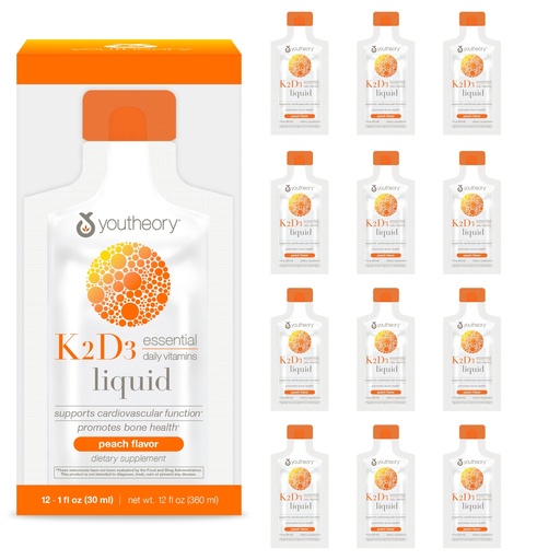 [BRSW2C33AEFGKFLL] Youtheory K2D3 Liquid - Bone & Heart Health Support* - Combines Vitamin D3 & Vitamin K2 - Dairy, Soy & Gluten Free - Peach, 1 oz (12 Pack)