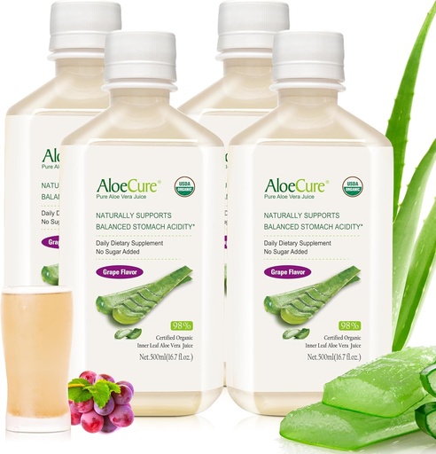 [BRSW2ZA5AV4BUAY2] AloeCure USDA Organic Aloe Vera Juice Grape Flavor, 12 ordu barru egina - Pure Aloe Vera Digestive & Immune Health Supplement, Laguntzak Stomach Acidity orekatua mantentzeko, 16.7oz x 4 Btls
