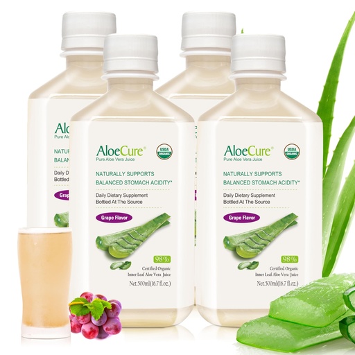 [BRSW2ZA5AV4BUAY2] AloeCure USDA Organic Aloe Vera Juice Grape Flavor, Made Within 12 Hours of Harvest - Pure Aloe Vera Digestive & Immune Health Supplement, Helps Maintain Balanced Stomach Acidity, 16.7oz x 4 Btls