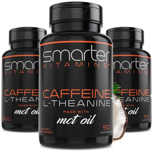 [BRSWG2QROENGKDT6] SmarterVitamins (3-Pack 200mg Caffeine Pills with 100mg L-Theanine + Coconut MCT Oil, Energy and Focus, Extended Release Capsule, 150 Liquid Softgels