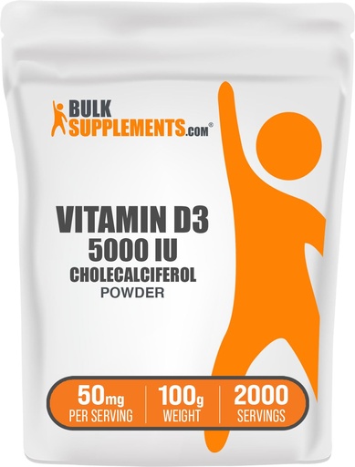 [BRSWIFY7OJ7QOGDM] BulkSupplements.com Vitamin D3 Powder - Cholecalciferol, 5000 IU - Gluten Free, 50mg (125mcg of Vitamin D3) per Serving, 100g (3.5 oz) (Pack of 1)