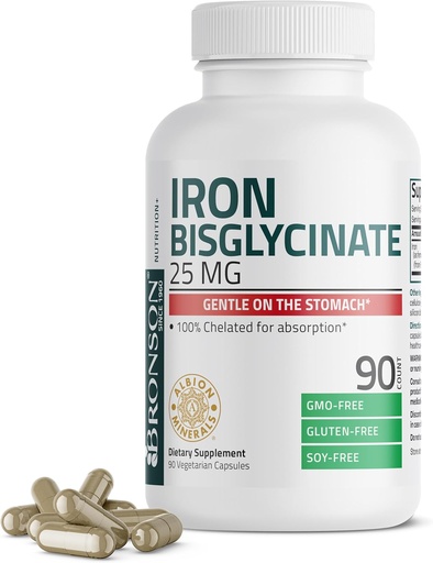 [BRSRA2QYCIBRMDTX] Bronson Iron Bisglycinate 25 מ"ג Gentle על Stomach, תומך אנרגיה & בריאה Red Cell הפקה - Non-Constipating Formula - Non GMO, 90 קפסולות צמחוניות