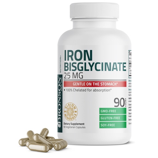 [BRSRA2QYCIBRMDTX] Bronson Iron Bisglycinate 25 mg Gentle on The Stomach, Supports Energy & Healthy Red Blood Cell Production - Non-Constipating Formula - Non GMO, 90 Vegetarian Capsules