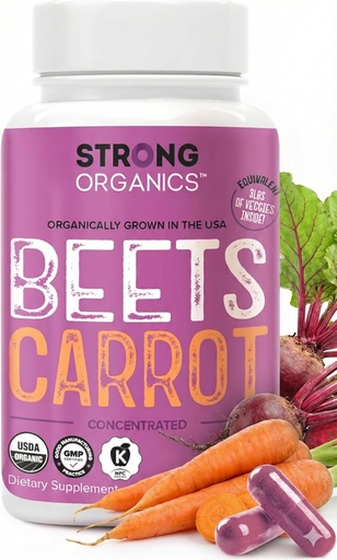 [BRSRE2YQBAJQED33] Organic Beet Root & Carrot Juice Powder Capsules – USA Grown, Raw Cold Pressed – Nitric Oxide, Eye Health, Skin & Heart Support – Beta Carotene, Whole Food Vitamin A – Vegan, Non-GMO, Kosher – 120 ct