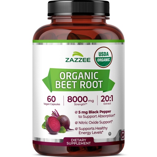 [BRSRE2YPC4AQ4DQ2] Zazzee USDA Organic Beet Root 20:1 Extract, 60 Vegan Quick Release Capsules, 2 Month Supply, Nitric Oxide Support, Black Pepper Extract for Enhanced Absorption, Certified Kosher, Non-GMO, Made in USA