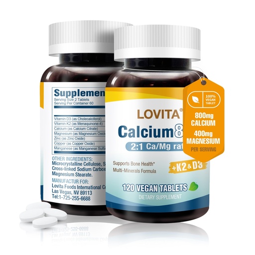 [BRSREYY2CN4AECTX] LOVITA Calcium Citrate 800 mg with Magnesium, Vitamin D3 & K2, Bone Strength & Density Supplement for Women & Men, Supports Teeth, Immune Health, Gluten Free, Non-GMO, 120 Vegan Tablets