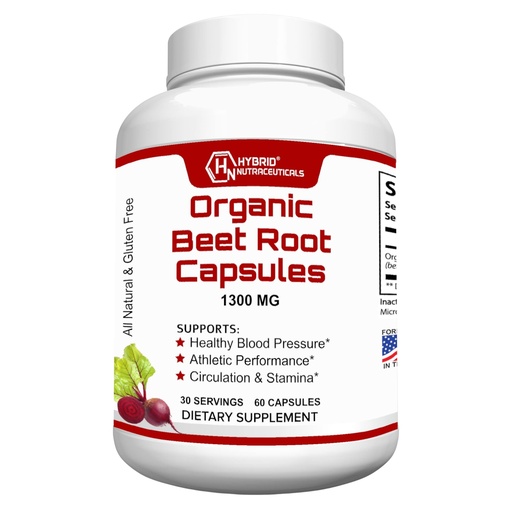 [BRSRMHD6O4FR63QZ] Hybrid Nutraceuticals Organic Beet Root Capsules 1300mg - Natural Nitric Oxide Supplement Booster, Supports Blood Pressure, Circulation, Heart Health, Athletic Performance - 60 Capsules