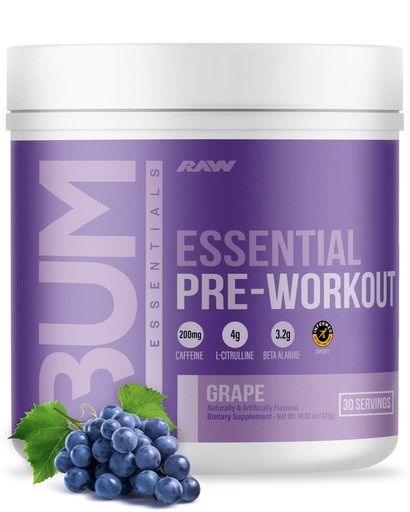 [BRSRAFALOV7RYHQZ] RAW Essential Pre-Workout Powder (Grape) - Chris Bumstead Sports Nutrition Supplement for Men & Women - Preworkout Energy Powder with Caffeine, L-Citrulline, L-Tyrosine, & Beta Alanine Blend