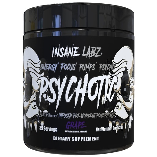 [BRSWYAQOO4NG2FDJ] Insane Labz Psychotic Black Edition Mid Stimulant Pre Workout Powder, Energy Focus Pumps, Loaded with Creatine Beta Alanine Taurine Fueled by AMPiberry, 35 Servings (Grape)