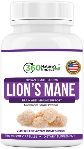 [BRSROCY7CECQ4D3J] 360 Nature's Impact Lions Mane Mushroom Supplement Capsules (150 Capsules) for Brain Health Support Supplement, Organic Supplement with Beta-Glucans & Hypromellose for Cognitive System