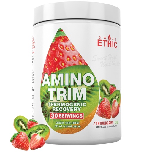 [BRSRACQ7O4DQODTK] Sweat Ethic Amino Trim, Pre Workout Powder with Amino Acids for Men & Women, 7.5 G EAAS with Electrolytes for Hydration & Energy, Stimulant Free, Sugar Free, Strawberry Kiwi Flavor, 30 Servings