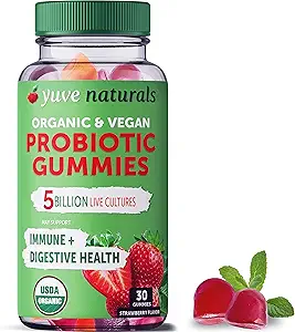 [BRSWYZD4PMBR4FL2] Yuve Vegan USDA Organic Probiotic Gummies - 5 Billion CFU - Promotes Digestive Health & Immunity - Helps with Constipation, Bloating, Detox, Leaky Gut & Gas Relief - Natural, Non-GMO, Gluten-Free 30ct