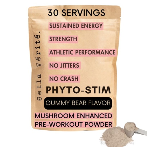 [BRSW2AAEDEAR4DQ4] Bella Vérité Phyto Stim - Natural Sports Nutrition Pre Workout Powder - Endurance & Energy Powder with Yerba Mate, Ashwagandha, & Mushroom + 100mg Caffeine - Gummy Bear Flavor (30 Servings)