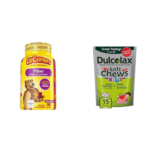 [BRSROBL3DMFBOF3V] L’il Critters Fiber Daily Gummy Supplement for Kids, for Digestive Support, Berry & Dulcolax Kids Soft Chews Saline Laxative Watermelon Gentle Constipation Relief, Magnesium