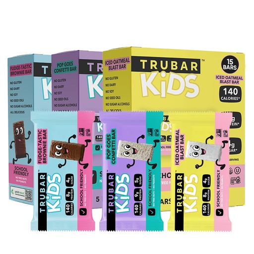 [BRSREBAOBYCGCADU] TRUBAR Kids Protein Bars, Snack Pack Variety Box, Plant Based Protein, Gluten Free School-Friendly Snacks for Lunchboxes, Tree Nut and Peanut Free, Low Sugar, Healthy On the Go Snack Bars, 15 Count