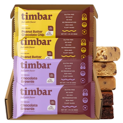 [BRSREH32C4FQAFD5] timbar Plant-Based Protein Bars | Peanut Butter Chocolate Chip & Chocolate Brownie | 15g Plant Protein, 8g Prebiotic Fiber | Gluten, Dairy & Egg Free, Non-GMO, No Sugar Alcohols (4 bars, sampler pack)