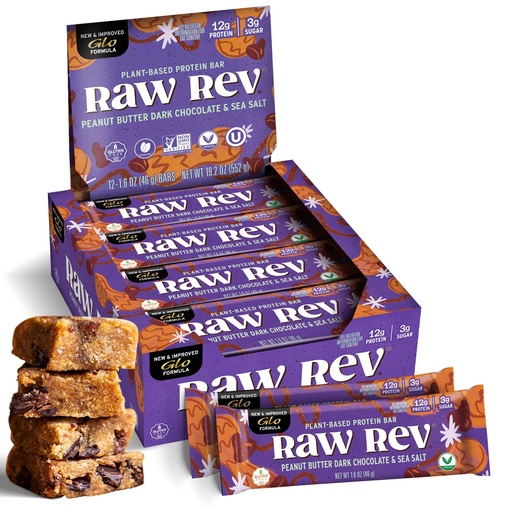 [BRSWICYACZ7BO3T2] Raw Rev Vegan Protein Bars- Peanut Butter Dark Chocolate & Sea Salt, 12 bars, Non-GMO, Plastic-Neutral, Nothing Artificial, Glo Formula, Gluten-Free, Keto-Friendly, Paleo, Kosher, No Sugar Alcohols, No Stevia