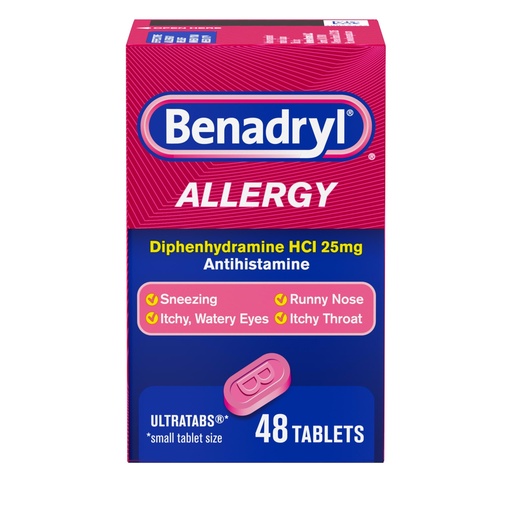 [BRSWIYYPOIGQE3Q7] Benadryl Ultratabs Allergy Relief Medicine, 25 mg Diphenhydramine HCl Antihistamine Tablets for Relief of Cold & Allergy Symptoms Like Sneezing, Runny Nose, & Itchy Eyes & Throat, 48 ct