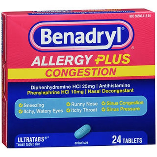 [BRSWGHQKDIMAMCDU] Benadryl Allergy Plus Congestion Tablets - 24 ct, Pack of 2