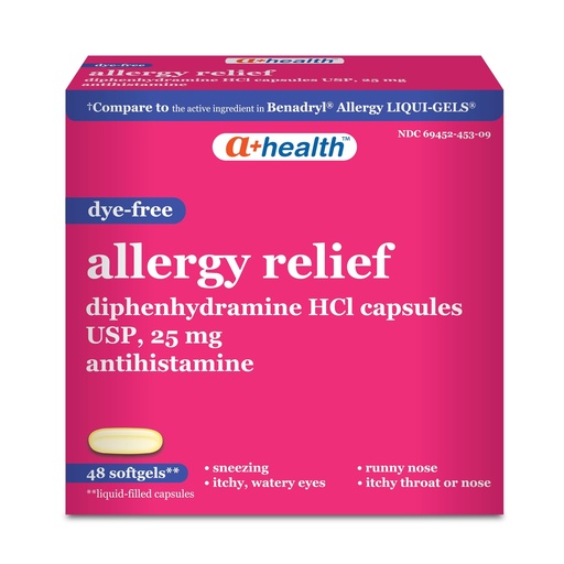 [BRSW2YDQAAMAMELZ] A+Health Allergy Relief Dye-Free Diphenhydramine 25mg Softgels, 48 Count, for Relief of Allergy Symptoms Like Runny Nose, Sneezing, Itch of The Nose or Throat, Itchy, Watery Eyes