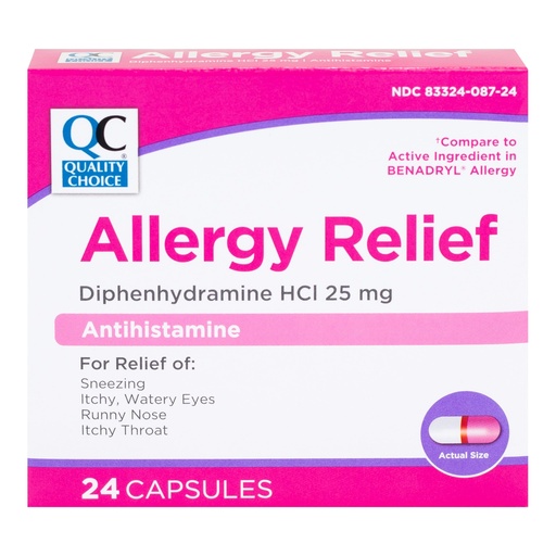 [BRSREZYKCUHAEDLF] Quality Choice Multi-Symptom Allergy Relief Capsules. Antihistamine Diphenhydramine HCl 25mg Formula for Relief from Sneezing, Runny Nose, Itchy Eyes & Throat – 24 Tablet Count.