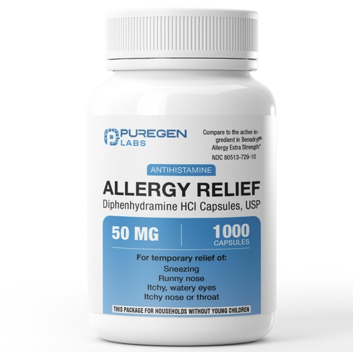 [BRSRGCADOANGMYI6] Puregen Labs Diphenhydramine HCl 50 mg Capsules – 1000 Count – Antihistamine I Allergy & Cold Symptoms Relief - Sneezing, Runny Nose, Itchy Eyes & Throat